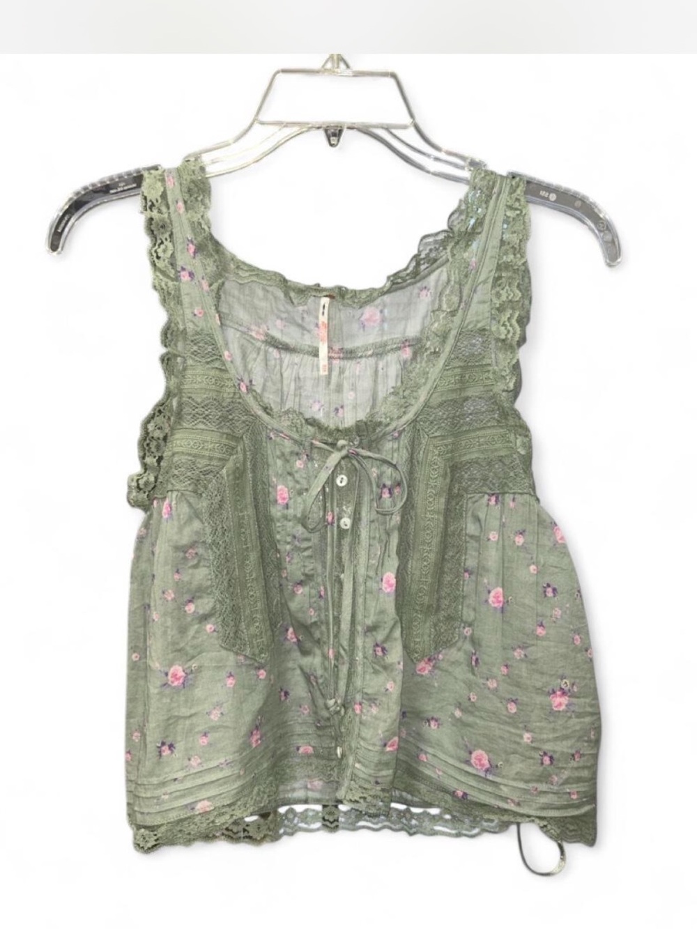 Free People Forevermore Sage Green Floral Lace Tank Top